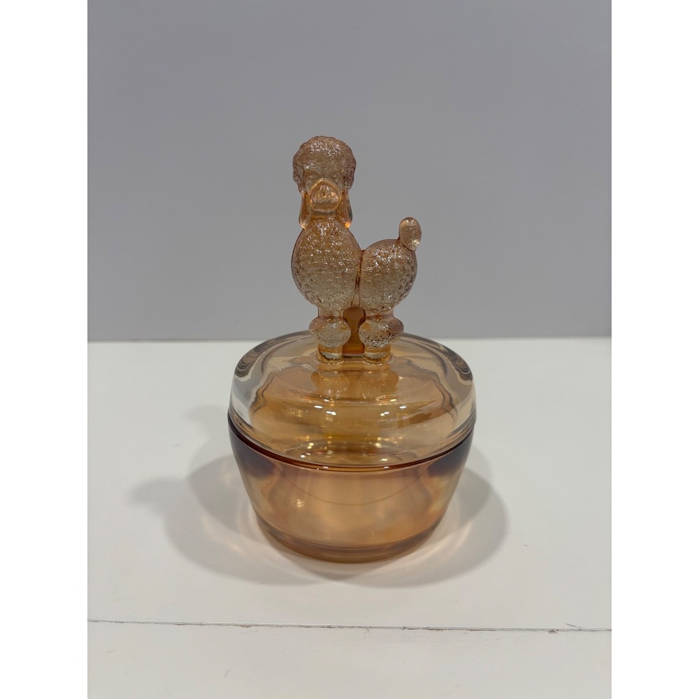 Vintage Marigold Carnival Glass Poodle Powder Jar Trinket Dish Amber Iridescent